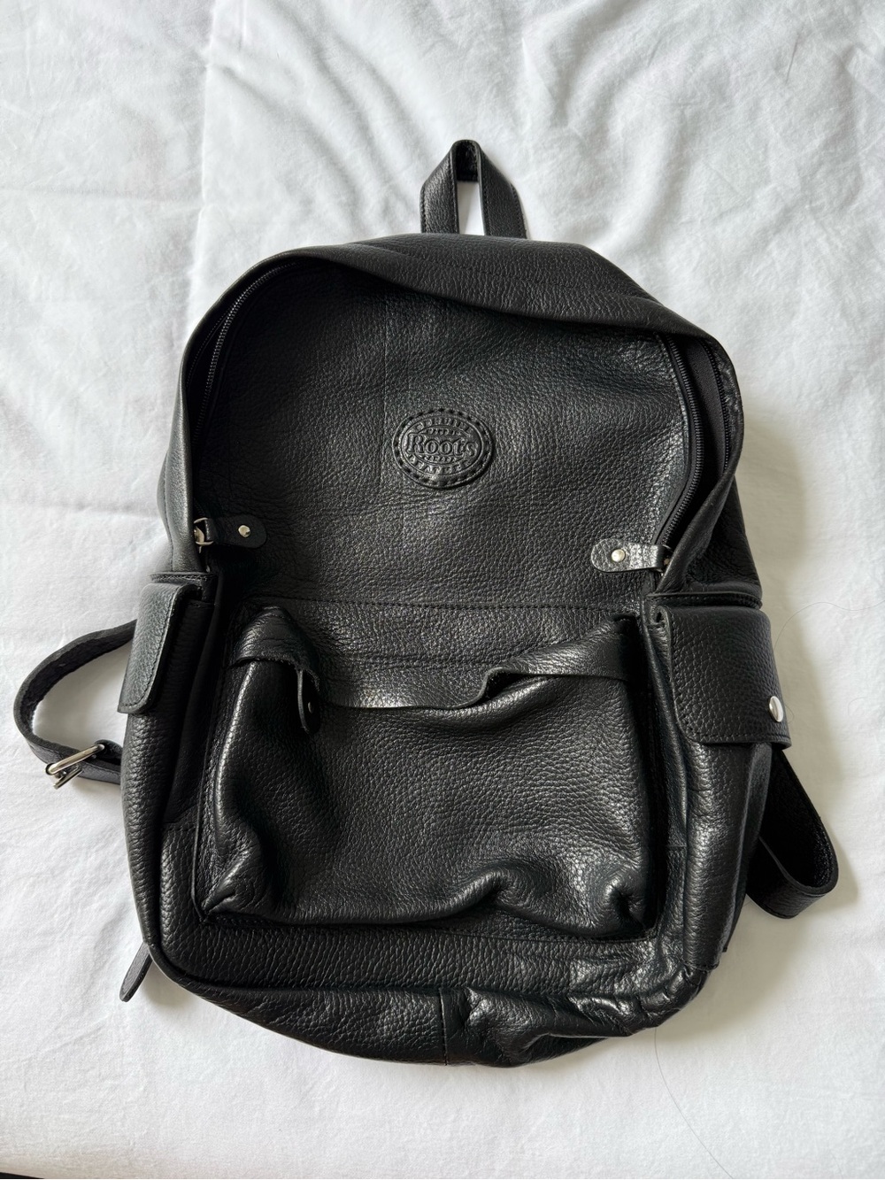 Roots Black Leather Backpack with Front Pocket